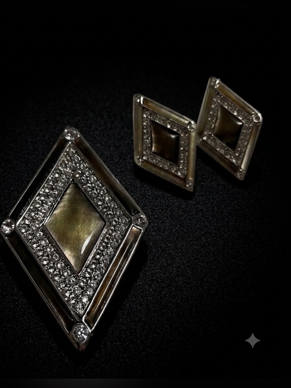Vintage Butler Mother of Pearl Rhinestone Brooch/Pendent & Matching Earrings